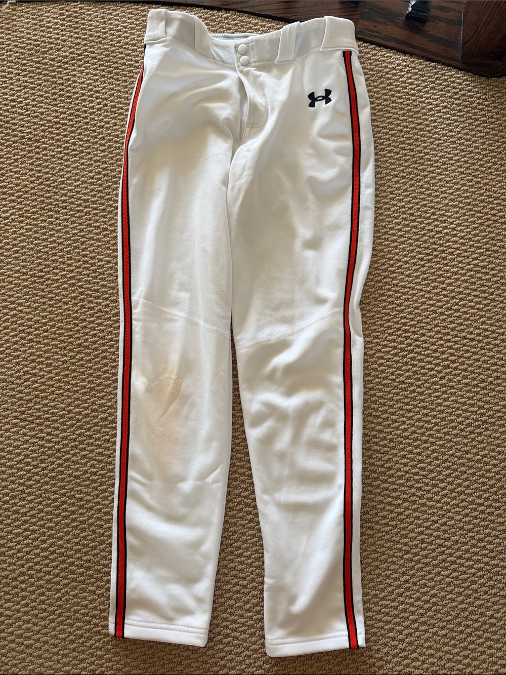 Under Armour Kids White Baseball Pants with Orange and Black Side Stripes